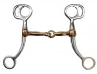 Showman stainless steel mini tom thumb bit with 5.75" cheeks. Copper 3.75" broken mouth piece