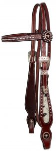 Showman leather browband beaded headstall and reins with hair on cowhide cheeks