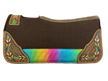 Showman Pony 24" x 24" Brown felt 1" saddle pad with rainbow metallic accent and painted feather and cactus accents on wear leathers
