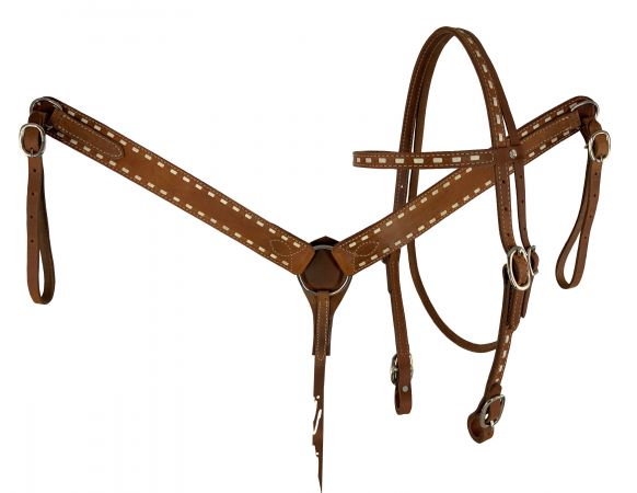 Showman Argentina Cow Leather buck stitched headstall and breast collar set with reins #2