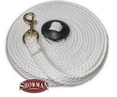 Showman 25' long flat braided cotton lunge line with brass bolt snap and rubber stopper end