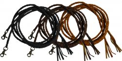 Leather braided split reins with scissor snap ends. 6.5 ft long