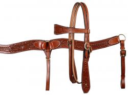 Showman double stitched leather wide browband headstall and breast collar set with acorn and basketweave tooling