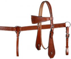Showman double stitched leather wide browband headstall and breast collar set with floral and basketweave tooling