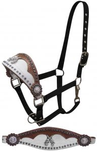 Showman FULL SIZE bronc halter featuring white hair-on cowhide with scalloped leather overlay with basket weave tooling