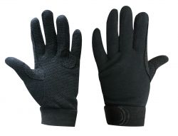 Breathable cotton knit reinforced riding gloves with pebbled palms and Velcro closure