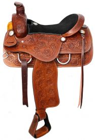 16" Double T fully tooled Roper style saddle with black suede leather seat