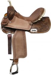 14" 15" 16" Double T Barrel Style Saddle with Brown Filigree Seat and Tooling