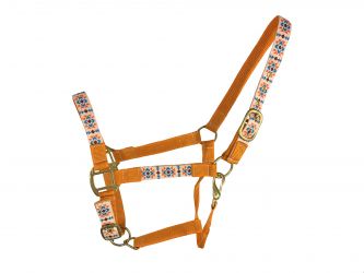 Premium Nylon Horse Sized Halter with Orange Southwestern Print
