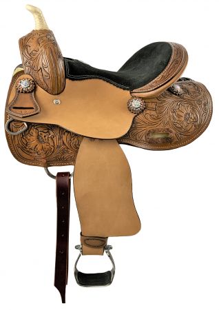 12", 13" Double T Youth barrel style saddle with floral tooling and iridescent crystal rhinestone conchos