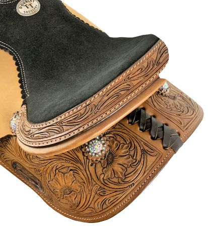 12", 13" Double T Youth barrel style saddle with floral tooling and iridescent crystal rhinestone conchos #2