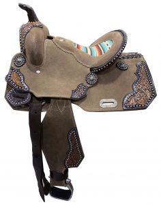 13" DOUBLE T Rough Out Barrel style saddle with Southwest Serape Printed Inlay