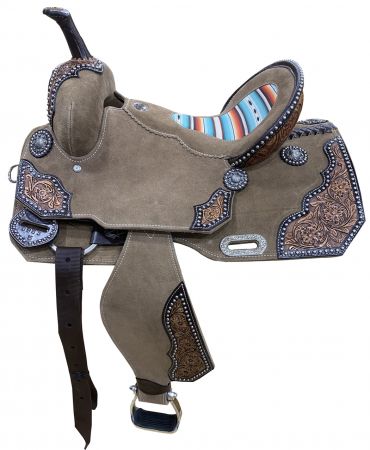 14", 15" DOUBLE T Rough Out Barrel style saddle with Southwest Serape Printed Inlay