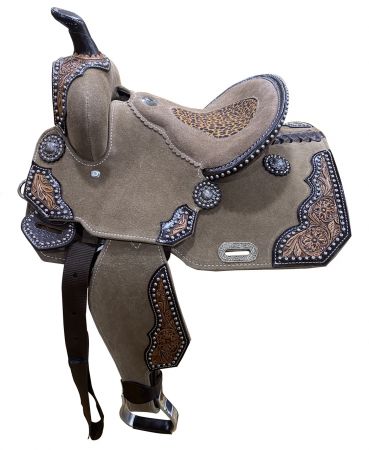 12" DOUBLE T Rough Out Barrel style saddle with Cheetah Printed Inlay