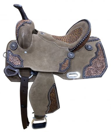 14", 15" DOUBLE T Rough Out Barrel style saddle with Cheetah Printed Inlay