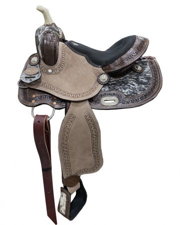 DOUBLE T 13" Youth barrel saddle with hair on cowhide inlay