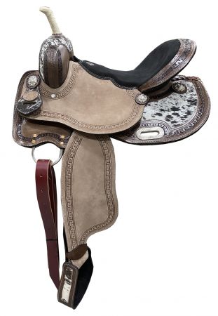 DOUBLE T 15" Barrel Style saddle with hair on cowhide inlay