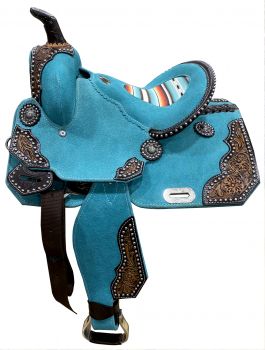 12" DOUBLE T Teal Rough Out Barrel style saddle with Southwest Printed Inlay