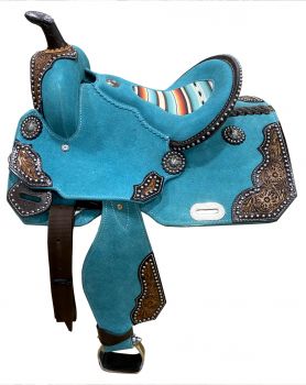 13" DOUBLE T Teal Rough Out Barrel style saddle with Southwest Printed Inlay