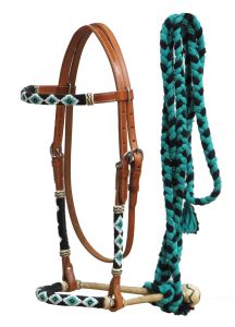 Showman Leather bosal headstall with beaded overlays and teal cotton mecate reins
