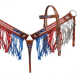 Showman Painted American Flag headstall and breast collar set with fringe