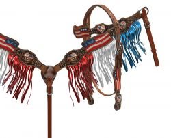 Showman Painted American Flag headstall and breast collar set with patriotic fringe
