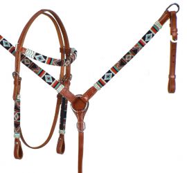 Showman Teal and Red Navajo Beaded browband headstall and breast collar set