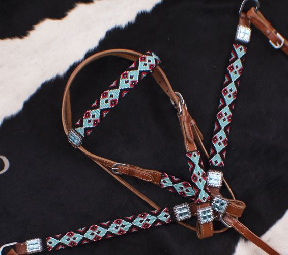 Showman Teal and Red Navajo Beaded headstall and breast collar set #2