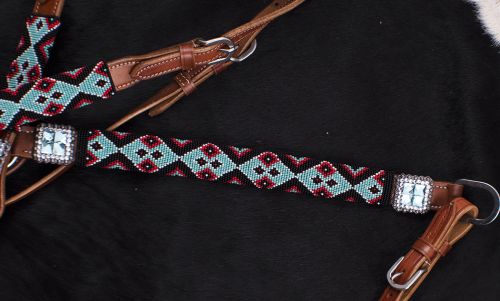 Showman Teal and Red Navajo Beaded headstall and breast collar set #4