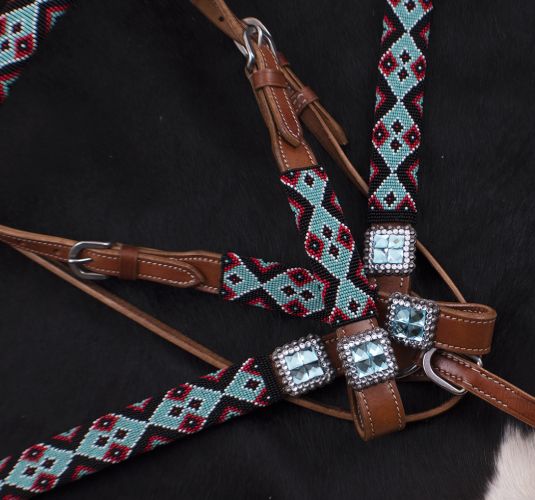 Showman Teal and Red Navajo Beaded headstall and breast collar set #3