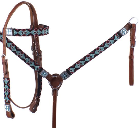 Showman Teal and Red Navajo Beaded headstall and breast collar set