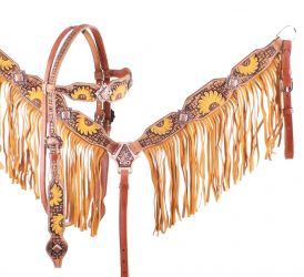 Showman Hand Painted Sunflower Browband Headstall and Breastcollar Set with Fringe