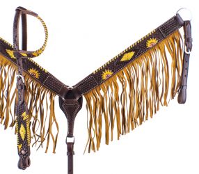 Showman Dark Oil, Hand Painted Sunflower Single Ear Headstall and Breast collar Set with Fringe