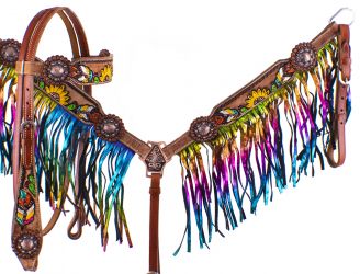 Showman Hand Painted Feather, Sunflower and Cactus Brow band Headstall and Breast collar Set with Metallic Rainbow Fringe