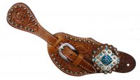 Showman Ladies Tooled Leather Spur Straps with Diamond Shaped Blue Rhinestone Conchos