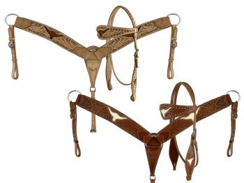 Showman Leather browband headstall and breastcollar set with cut out steer head and hair on cowhide inlay