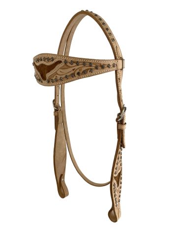 Showman Leather browband headstall and breastcollar set with cut out steer head and hair on cowhide inlay #4