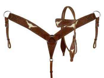 Showman Leather browband headstall and breastcollar set with cut out steer head and hair on cowhide inlay #5