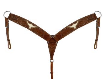 Showman Leather browband headstall and breastcollar set with cut out steer head and hair on cowhide inlay #6