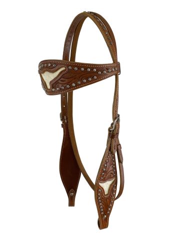 Showman Leather browband headstall and breastcollar set with cut out steer head and hair on cowhide inlay #7