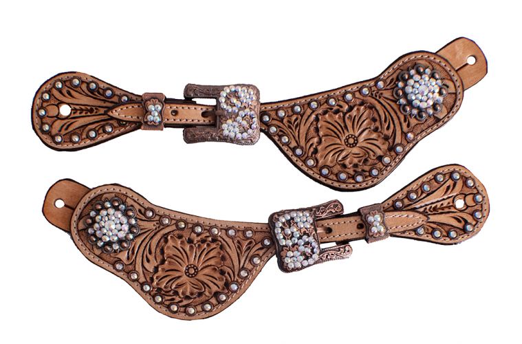 Showman LADIES SIZE crystal rhinestone spur straps with floral tooling