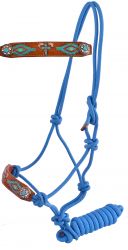Showman Turquoise Leather nose cowboy knot rope halter with hand painted cross and navajo design