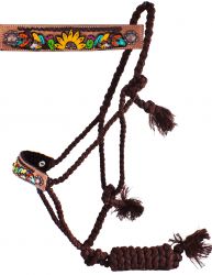 Showman Woven brown nylon mule tape halter with hand painted feather, sunflower and cactus noseband