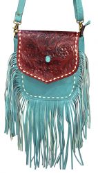 Klassy Cowgirl Teal Crossbody Bag with floral tooled flap and fringe