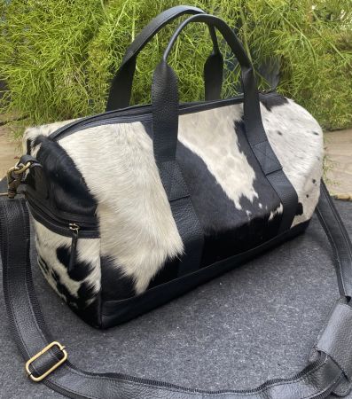Klassy Cowgirl White and Black hair on cowhide overnighter Duffle Bag #2