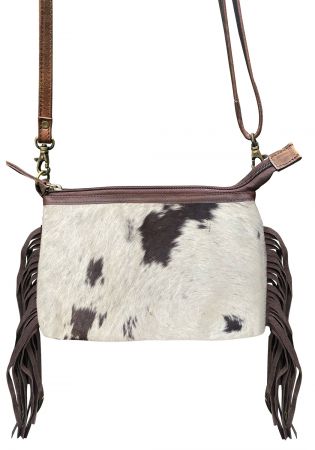 Klassy Cowgirl  Brown &amp; White Leather Crossbody Bag with hair on cowhide and brown suede fringe
