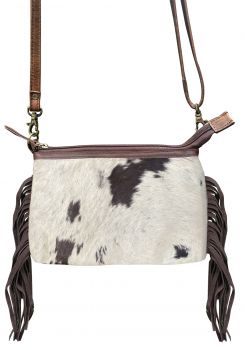 Klassy Cowgirl  Brown & White Leather Crossbody Bag with hair on cowhide and brown suede fringe