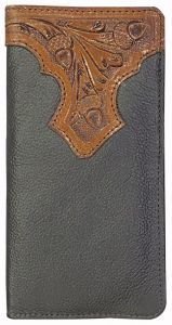 Black Leather Men's Wallet with Floral Tooling Accent