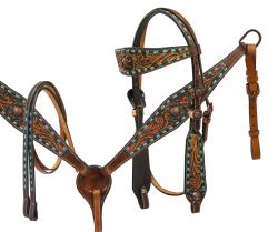 Showman Teal buck stitched headstall and breast collar set with engraved bronze conchos