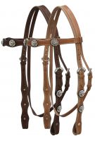 Leather double stitched headstall with clear rhinestone conchos